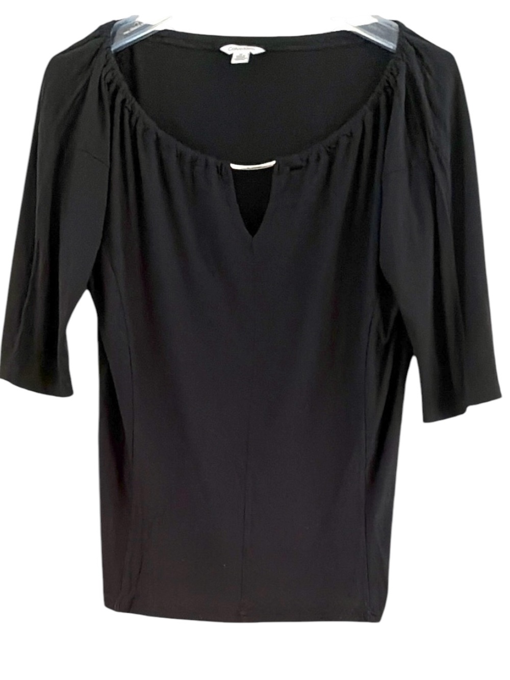 Calvin Klein Black Gold Hardware V-Neck Keyhole Short Sleeve Blouse M